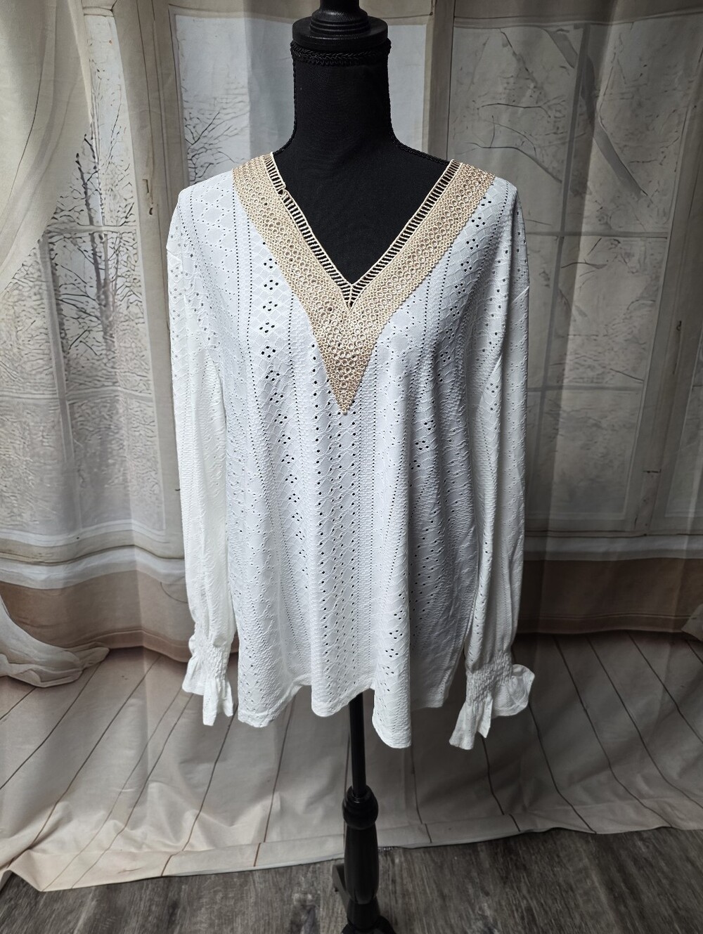 White Eyelet V-Neck Long Sleeve Top with Crochet Trim
